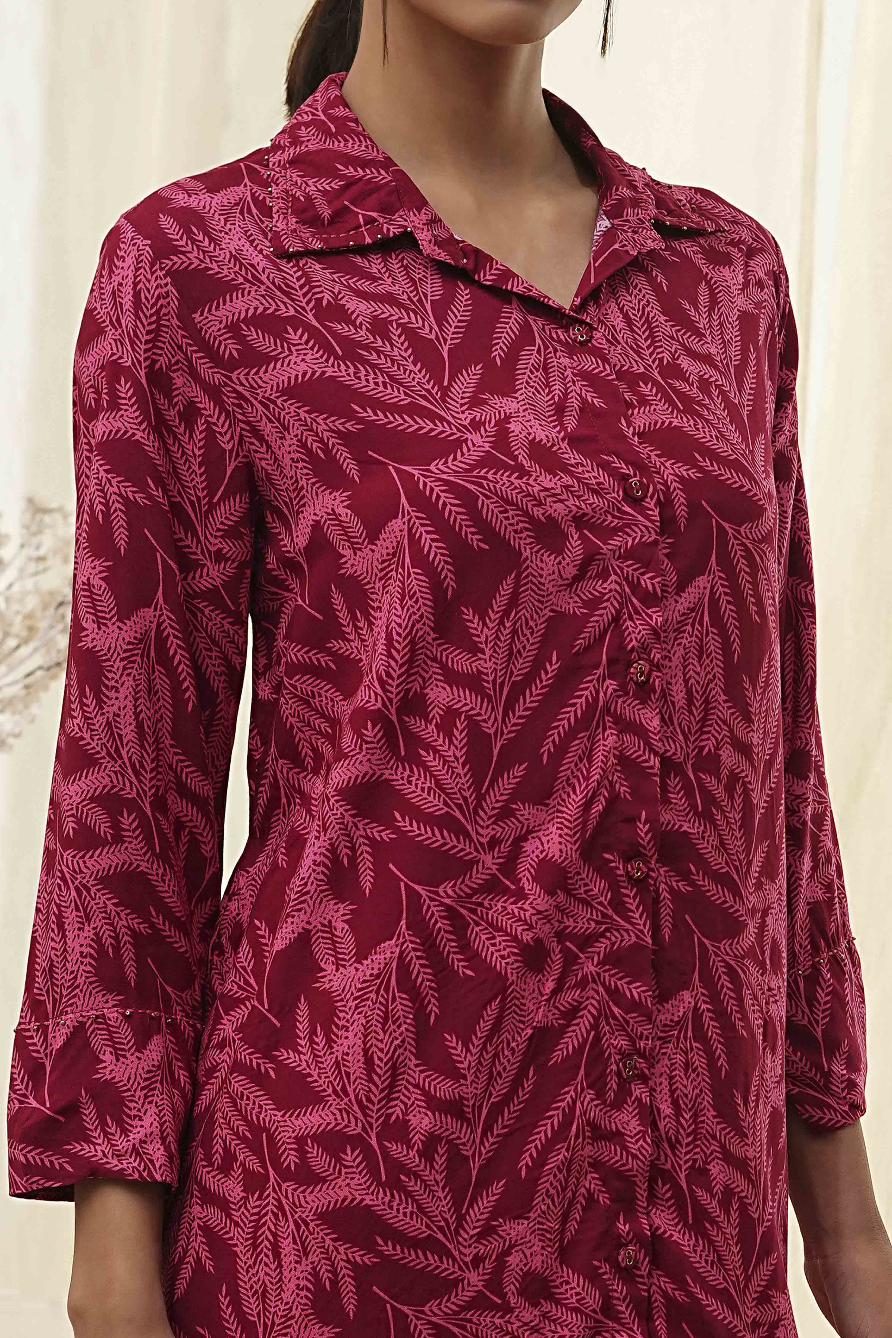 Red Printed Shirt-Style Short Kurta image number 1