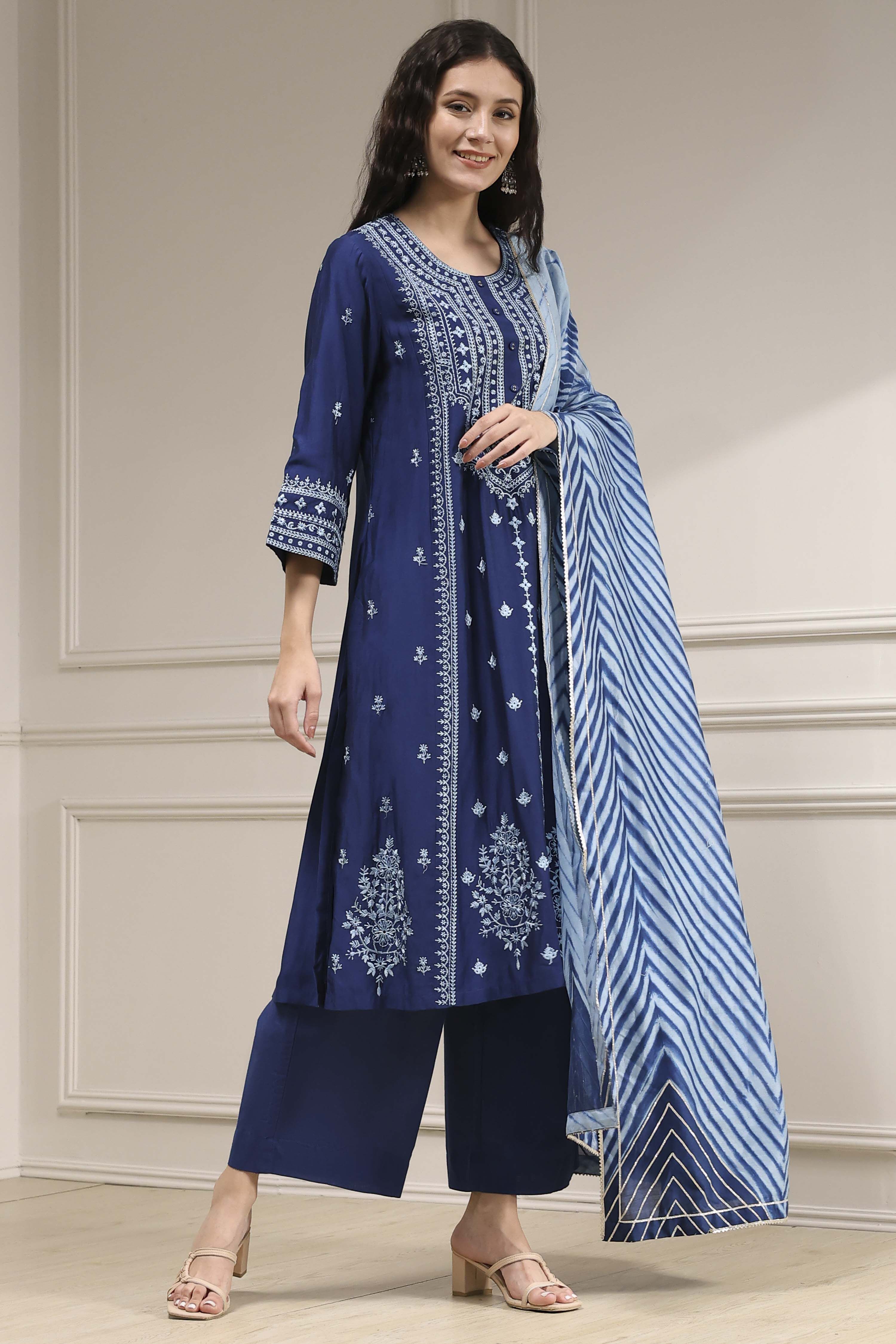 Blue Dyed Printed Straight Suit Set image number 5