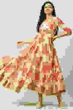 Beige Art Silk Flared Fusion Printed Dress image number 0