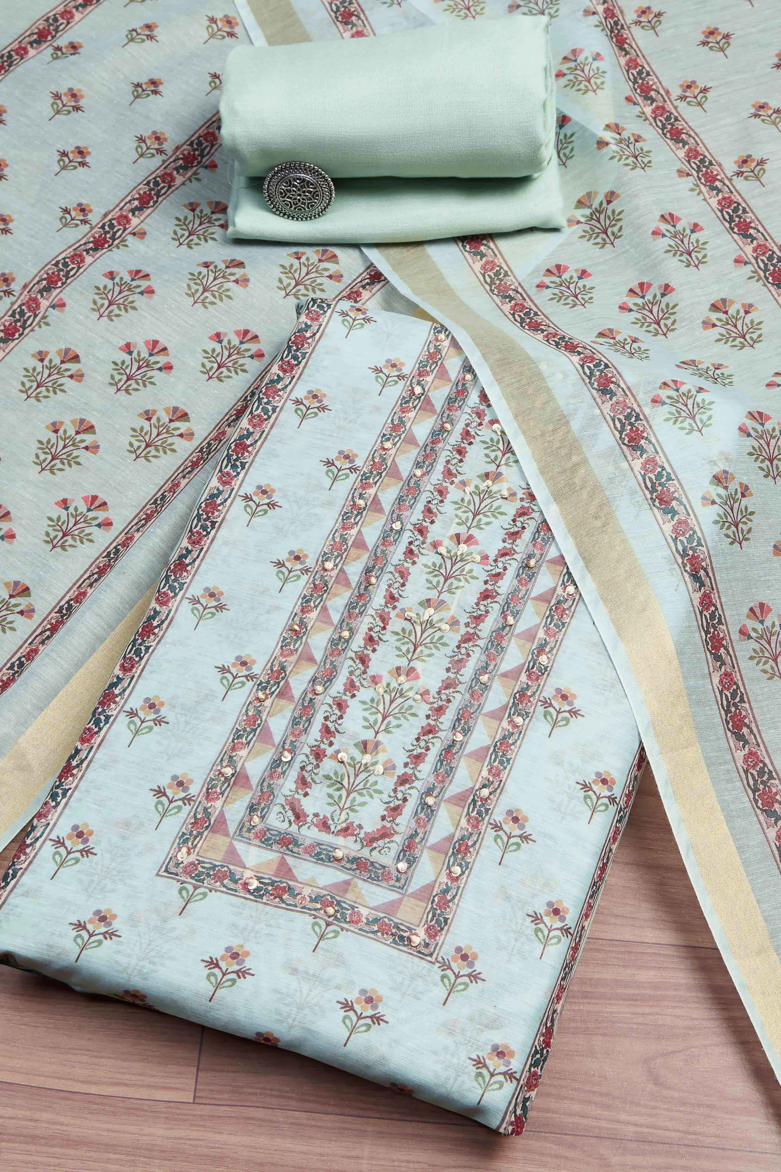 Cream-Toned Muslin Rajasthani Print Unstitched Suit Set image number 0