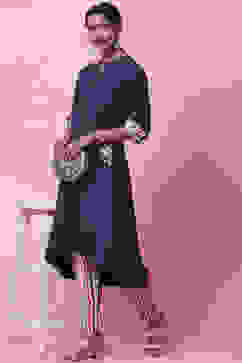 Navy Blue Rayon A-Line Kurta Slim Pant Suit Set image number 6