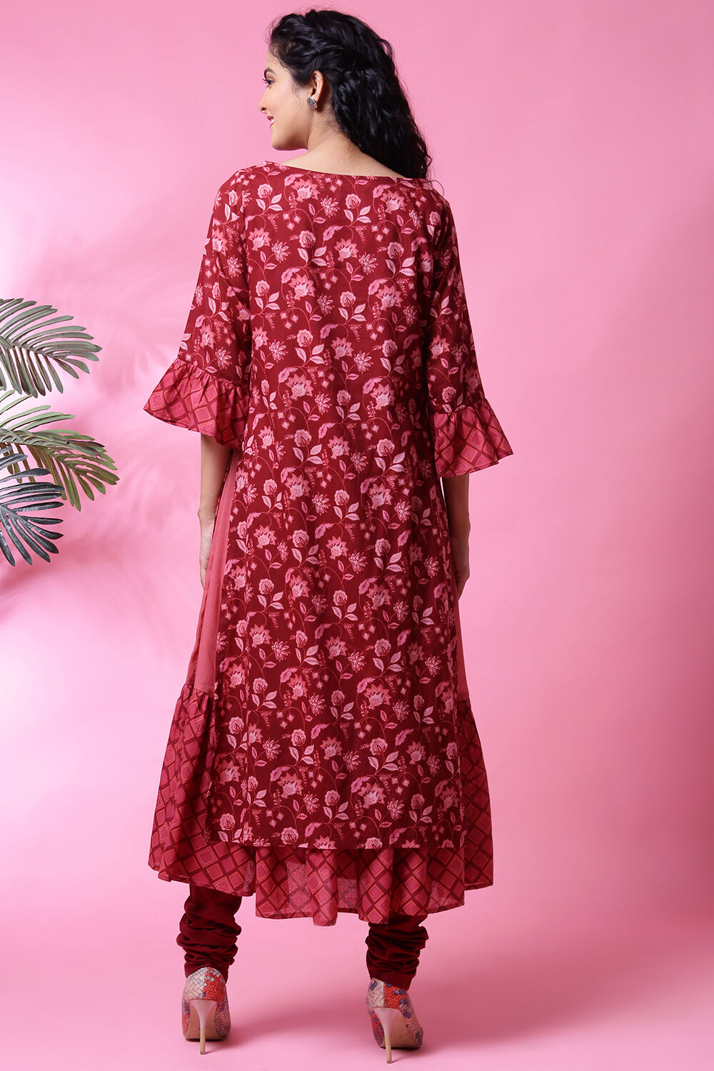 Maroon Cotton Double Layered Kurta Churidar Suit Set image number 7