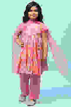 Pink Cotton Floral Printed Gathered Tiered Suit Set image number 7