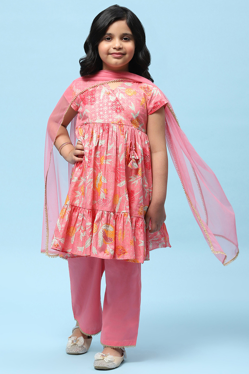 Pink Cotton Floral Printed Gathered Tiered Suit Set image number 7