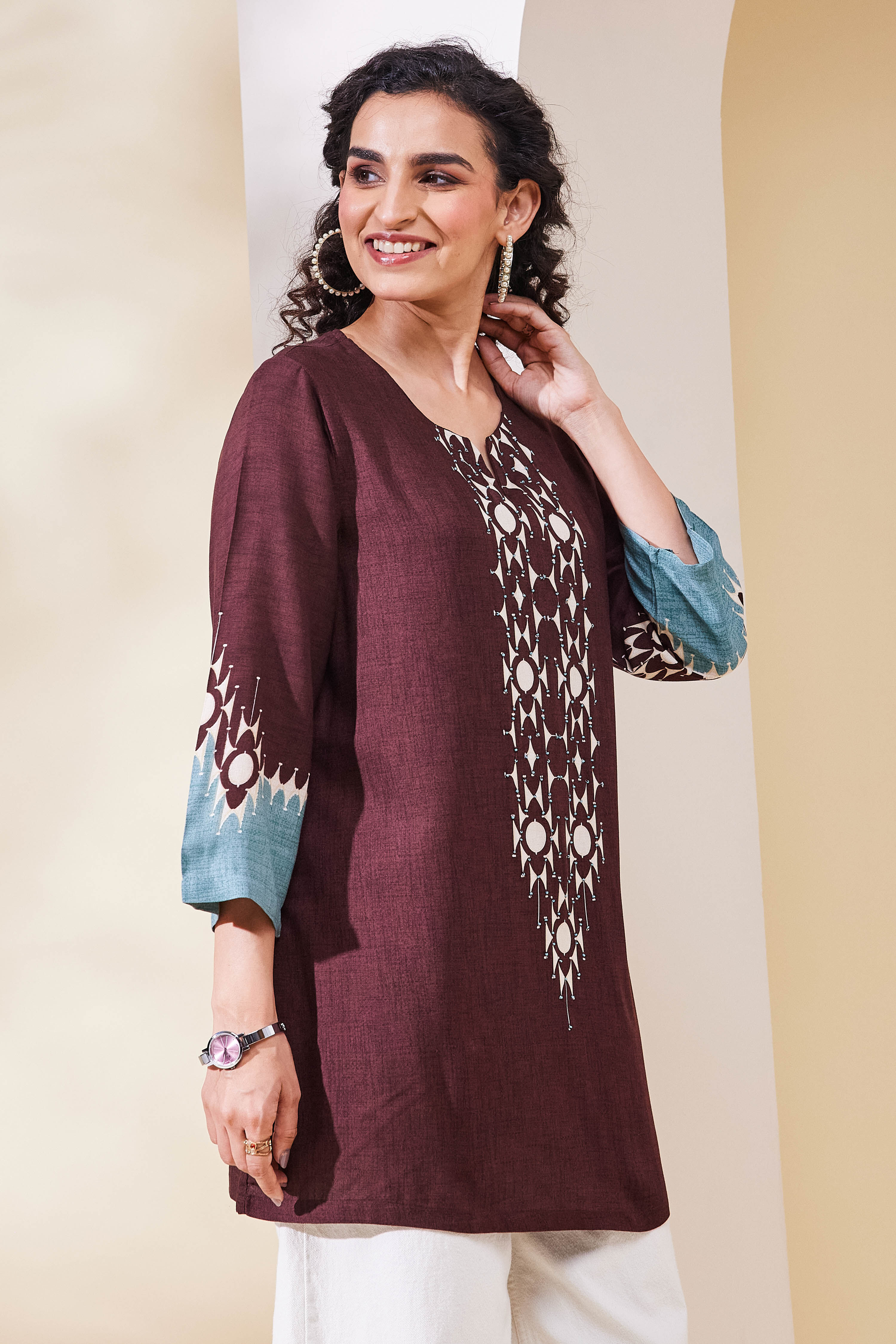 Brown Viscose Rayon Straight Top image number 4