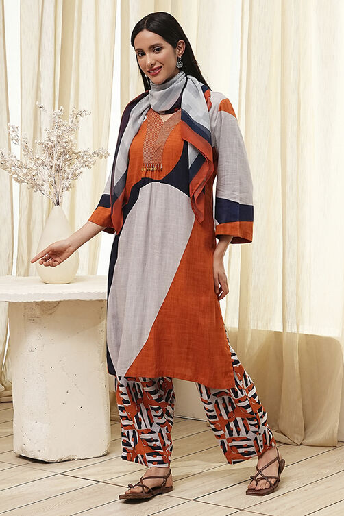 Orange-Beige Viscose Rayon Straight Printed Fusion Set image number 3