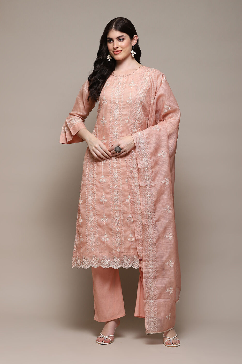 Peach Cotton Blend Printed Unstitched Suit Set image number 8