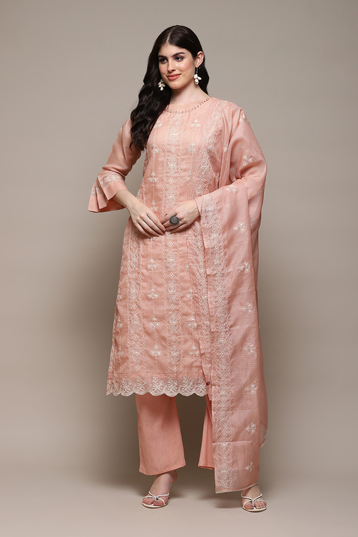 Peach Cotton Blend Printed Unstitched Suit Set image number 8