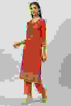 Red & Green LIVA Straight Printed Kurta image number 5