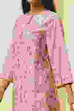 Off-White and Pink Cotton Straight Kurta Set image number 1