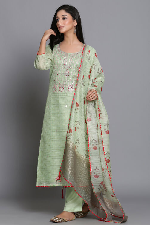 Green Unstitched dress material Suit Set image number 2