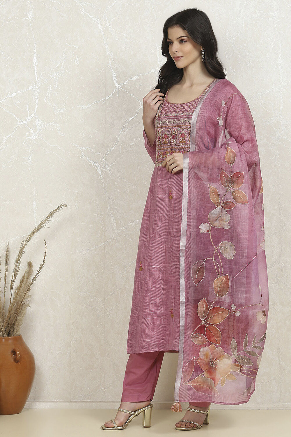 Pink Cotton Hand Embroidered Unstitched Suit Set image number 4