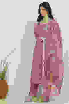 Pink Cotton Hand Embroidered Unstitched Suit Set image number 4