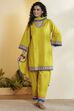 Lime Green Embroidered Cotton Kurta Set image number 7