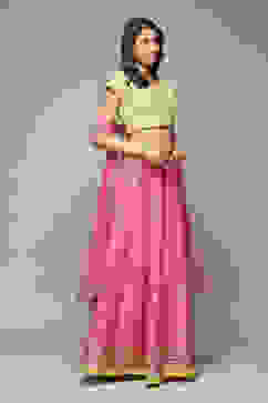 Fuschia & Lime Green Cotton Blend Lehenga Set image number 6