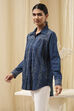Blue Cotton Blend High-Low Straight Shirt image number 2