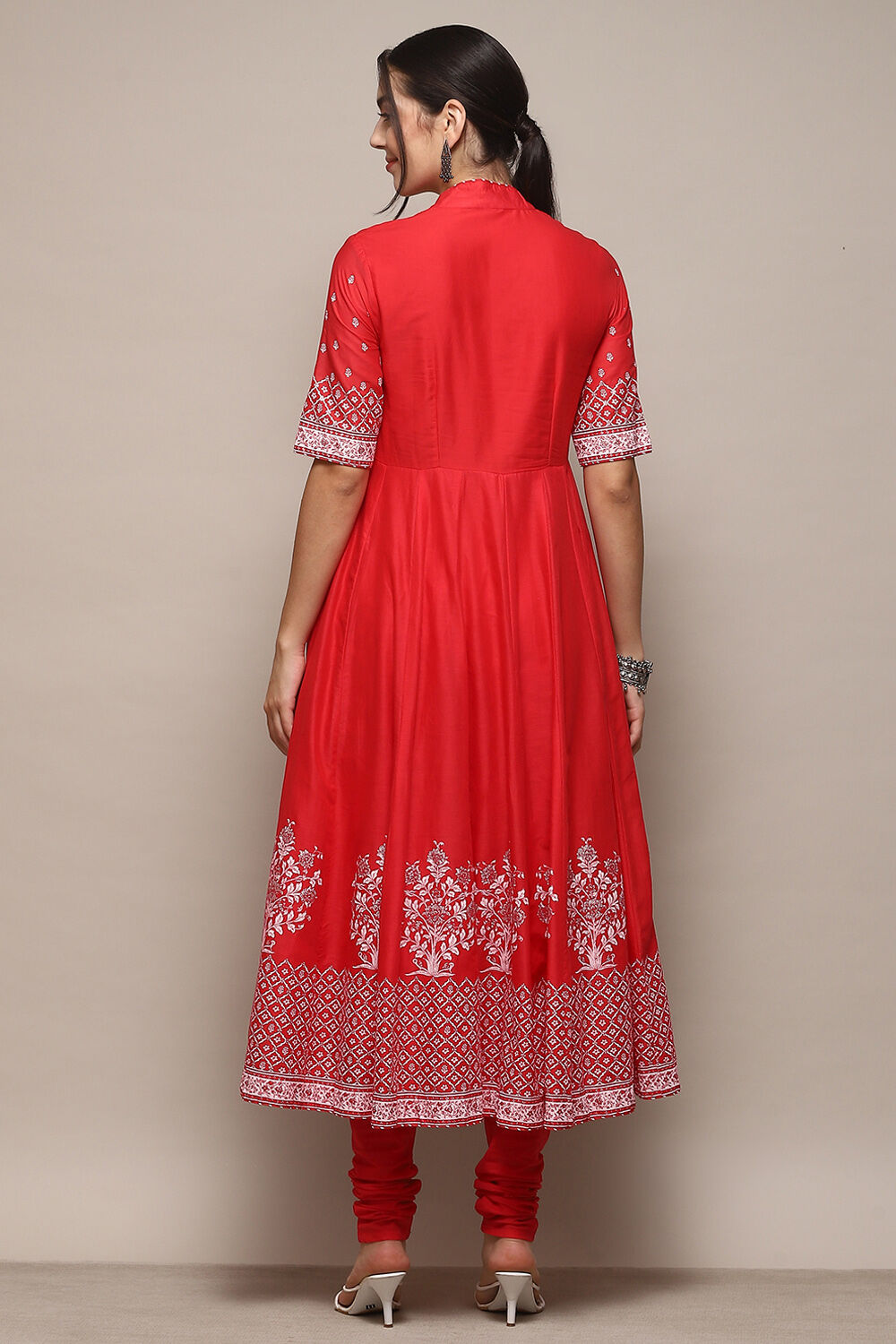 Red Cotton Anarkali Printed Kurta Churidar Suit Set image number 5