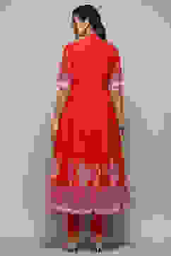 Red Cotton Anarkali Printed Kurta Churidar Suit Set image number 5