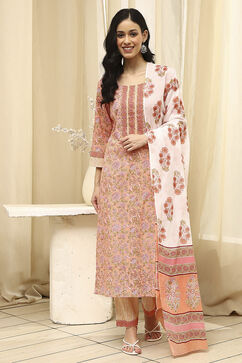 Pink Cotton Screen Print Unstitched Suit Set image number 7