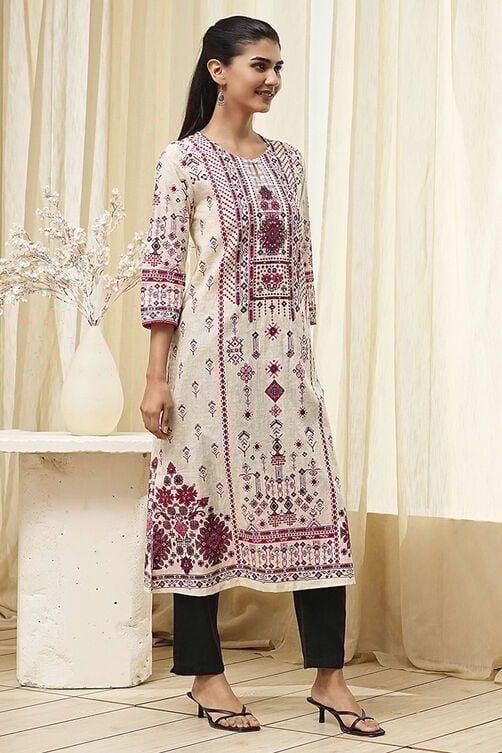Off-White and Blue Cotton Straight Kurta image number 4