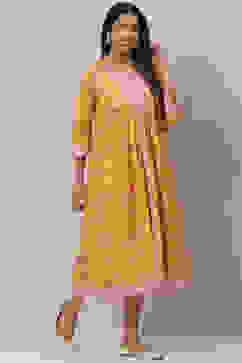 Mustard Cotton Flared Printed Kurta Dress With Shrug image number 6