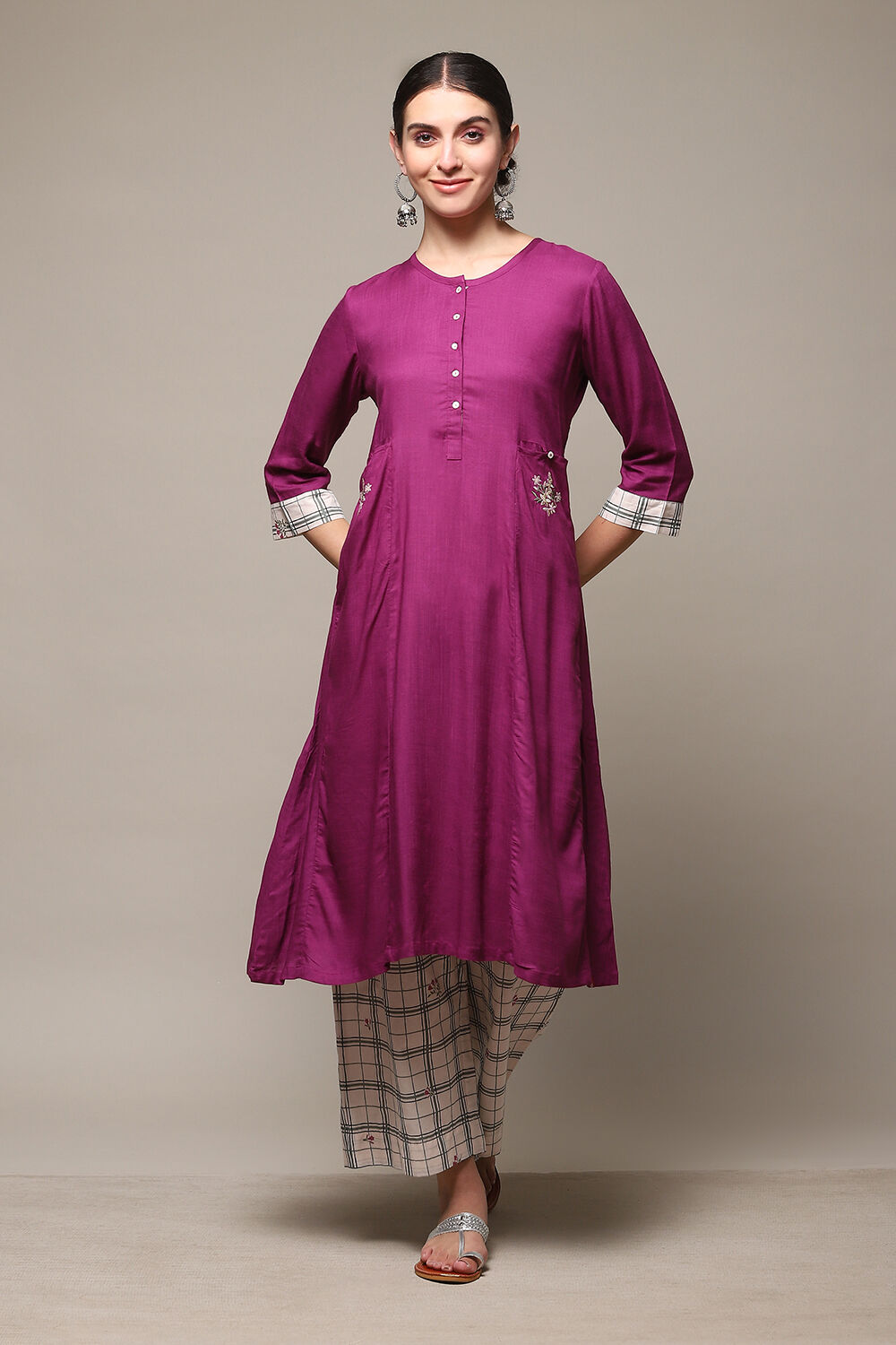 Pink & Purple Solid Rayon Straight Suit Set image number 0