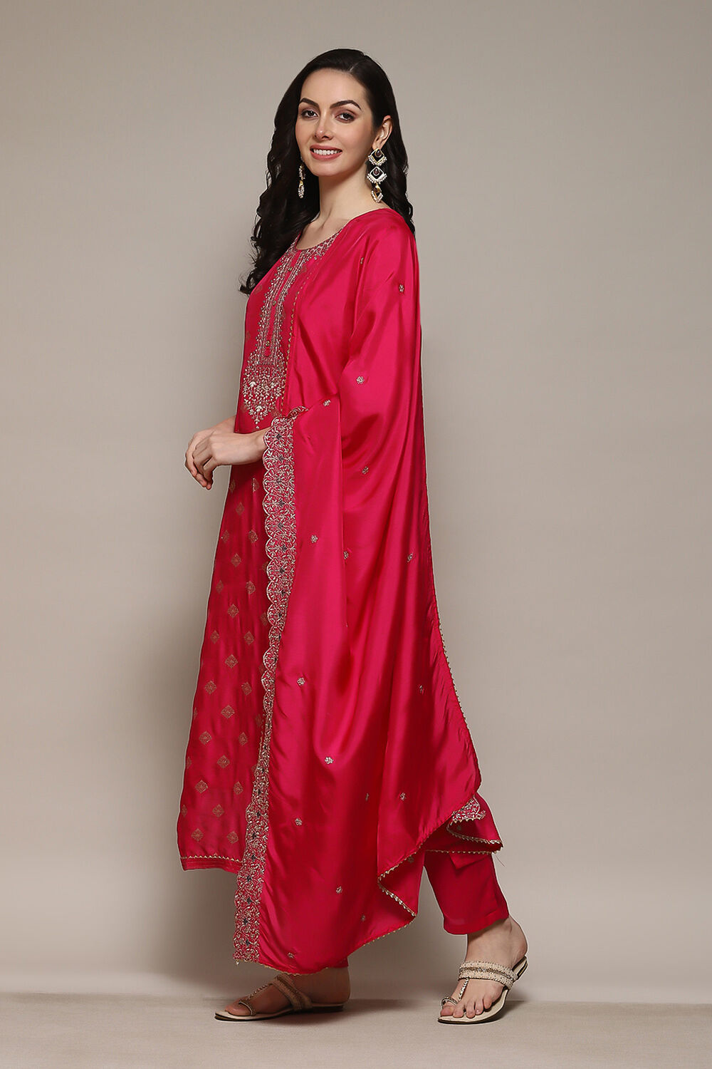 Dark Pink Banarasi Silk Machine Embroidered Unstitched Suit Set image number 6