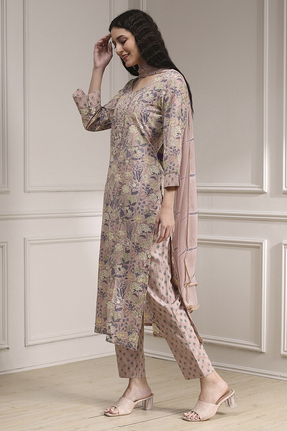 Purple Cotton Printed Embroidered Unstitched Suit Set image number 5