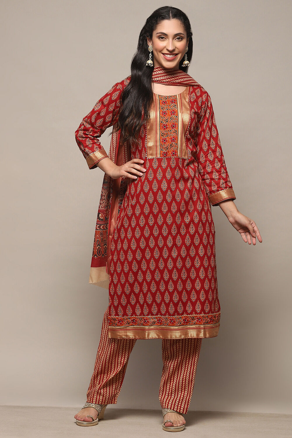 Red Cotton Unstitched Suit Set image number 8