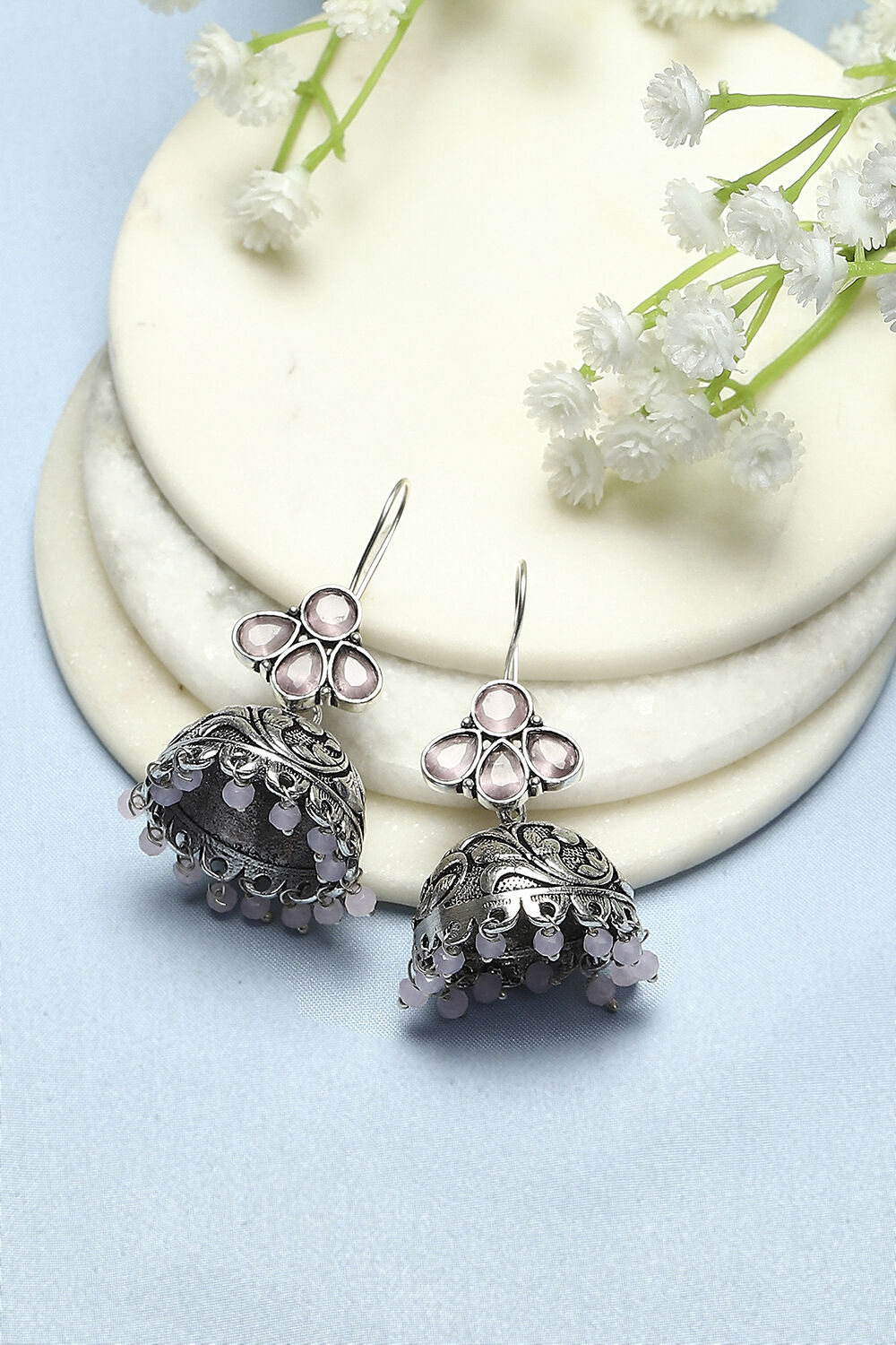 Light Pink Oxidised Stone Studded Jhumkas image number 0