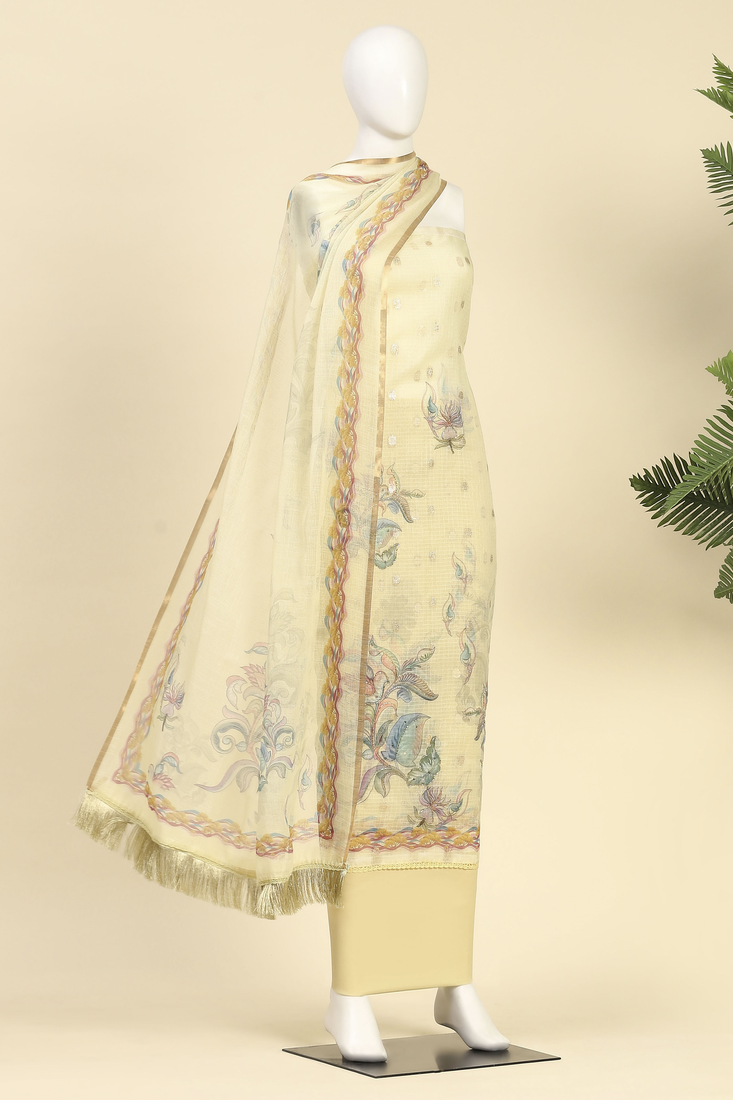 Yellow Kota Cotton Floral Unstitched Suit Set image number 4