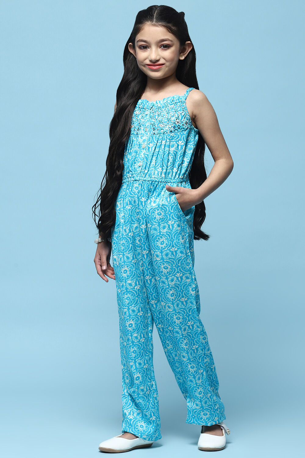 Aqua Printed Rayon Strappy Jumpsuit With Embroidered Yoke image number 2