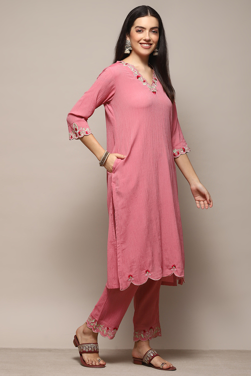Pink Poly Viscose Straight Suit Set image number 5