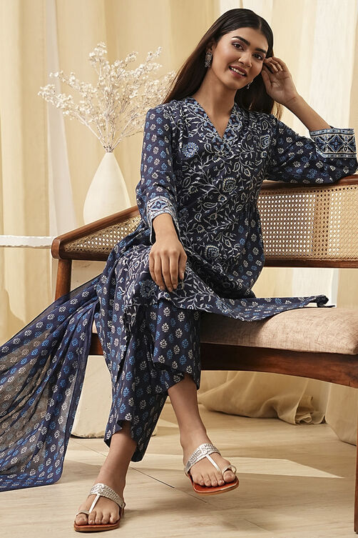 Indigo Pure Cotton Straight Suit Set image number 0