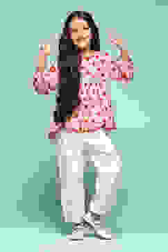 Off White Polyester Flared Printed Top image number 0