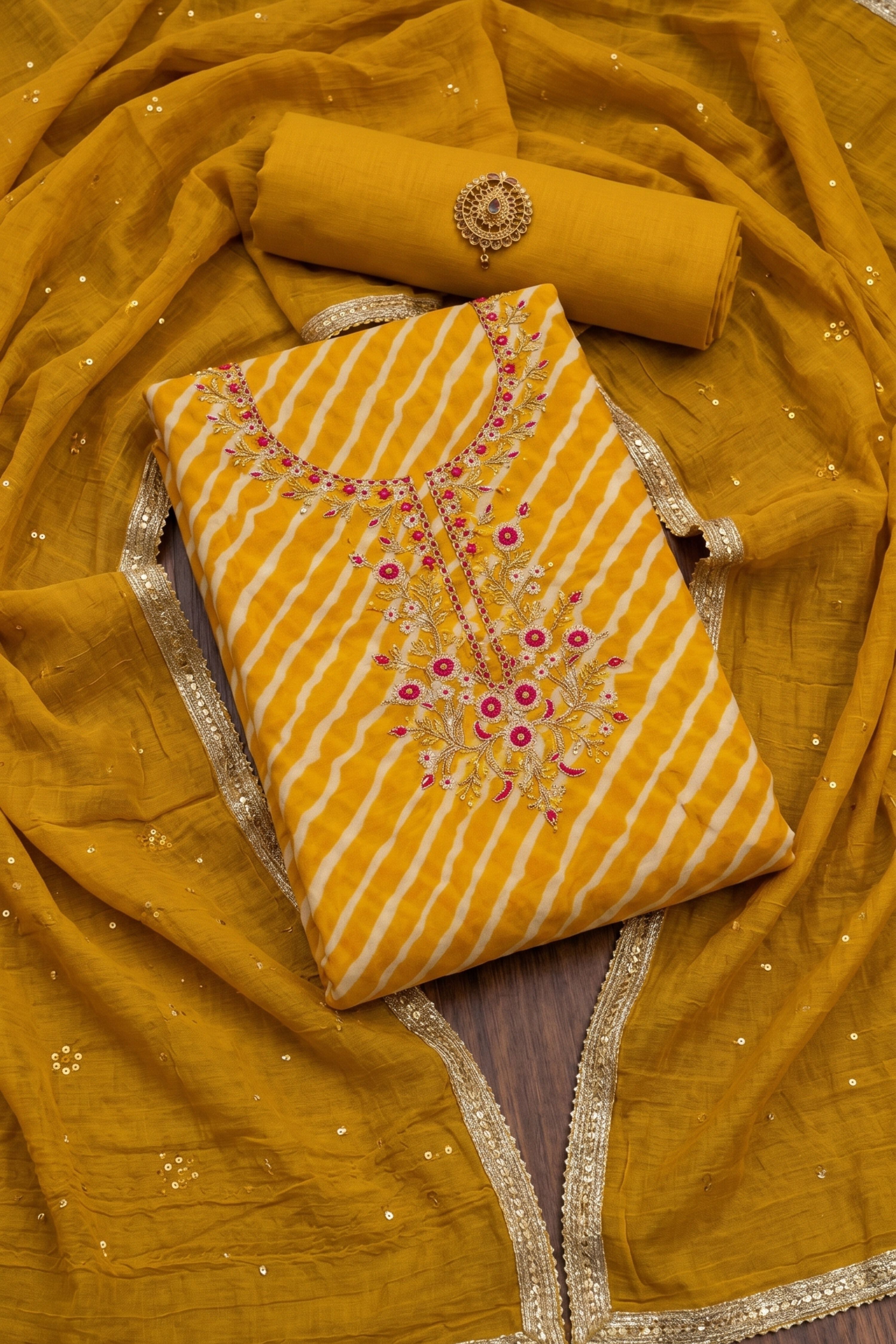 Pink Chanderi Embroidery With Rajasthani Lehriya Print Unstitched Suit Set image number 0