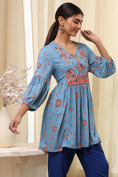Dull Blue Printed Short Kurta image number 4