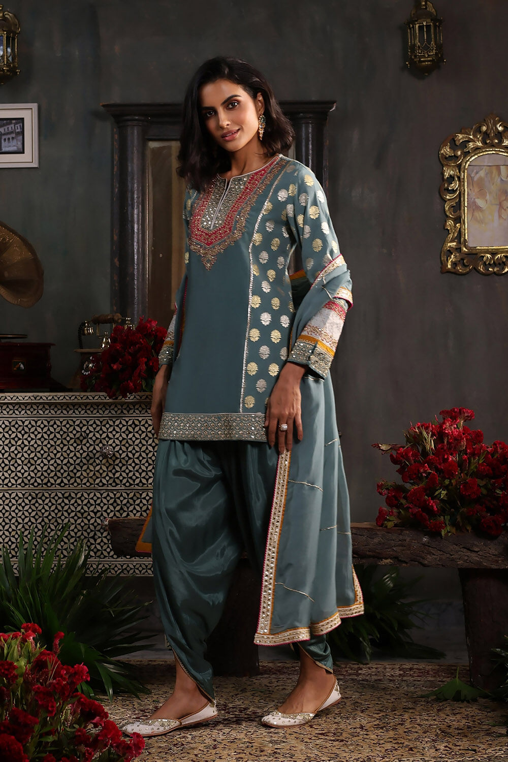 Earthy Blue Chanderi Jacquard Dori Embroidery Straight Suit Set image number 3