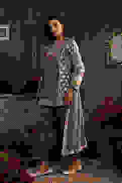 Earthy Blue Chanderi Jacquard Dori Embroidery Straight Suit Set image number 3