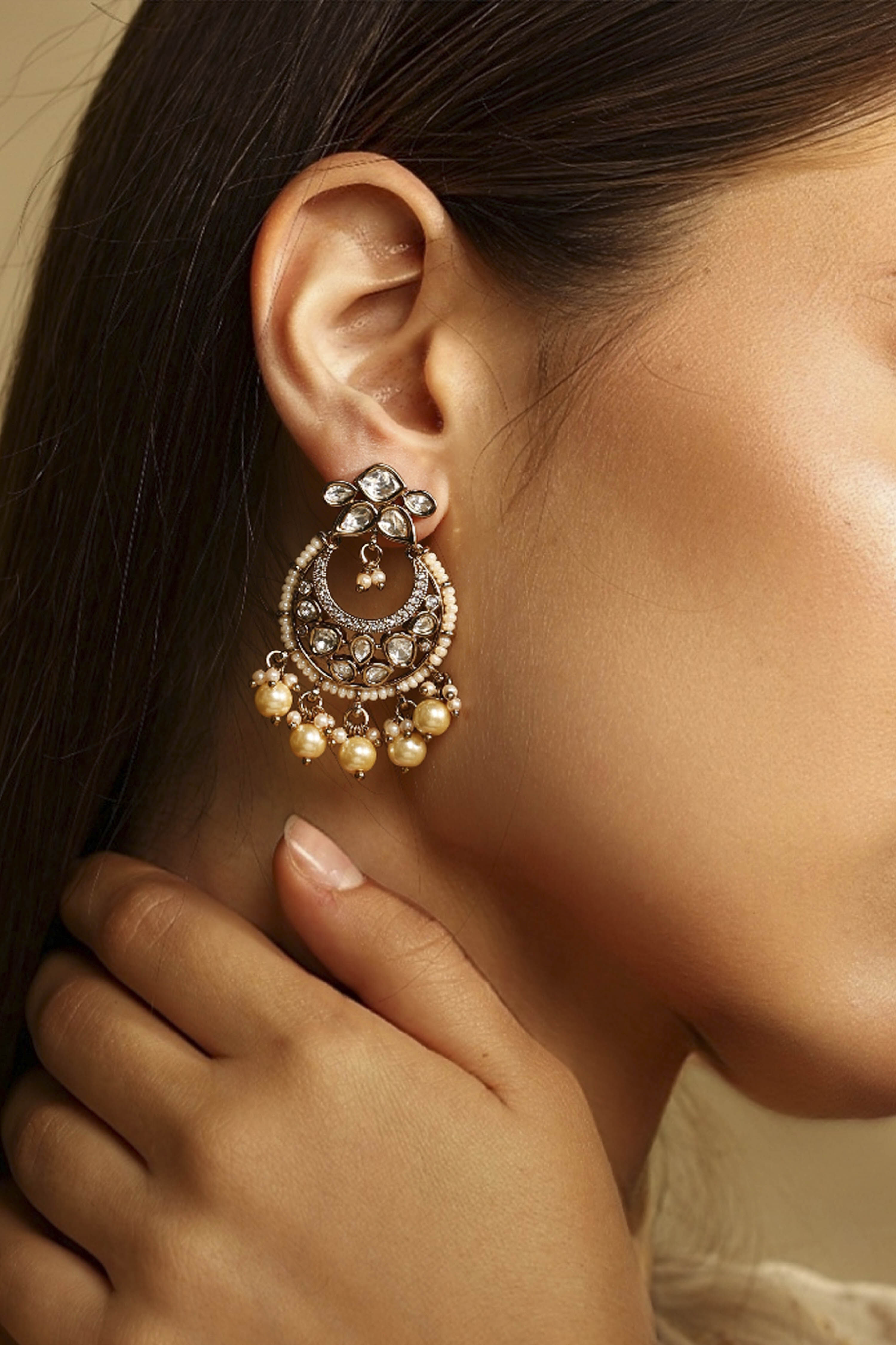 White Brass Gold-Plated Chandbali Earrings image number 1