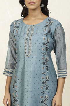 Blue Chanderi Printed Unstitched Suit Set image number 2