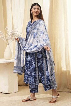 Indigo Pure Cotton Floral Gathered Suit Set image number 3