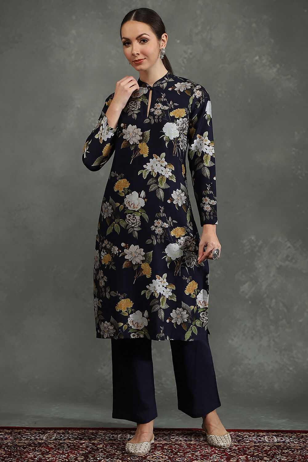 Rohit Bal Indigo Silk Chanderi Floral Printed Straight Kurta Set image number 0