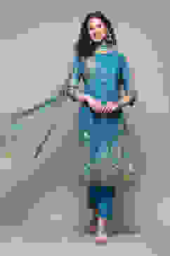 Turquoise Cotton Straight Printed Kurta Ankle Length Suit Set image number 7