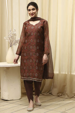 Brown Chanderi Printed Embroidered Unstitched Suit Set image number 7