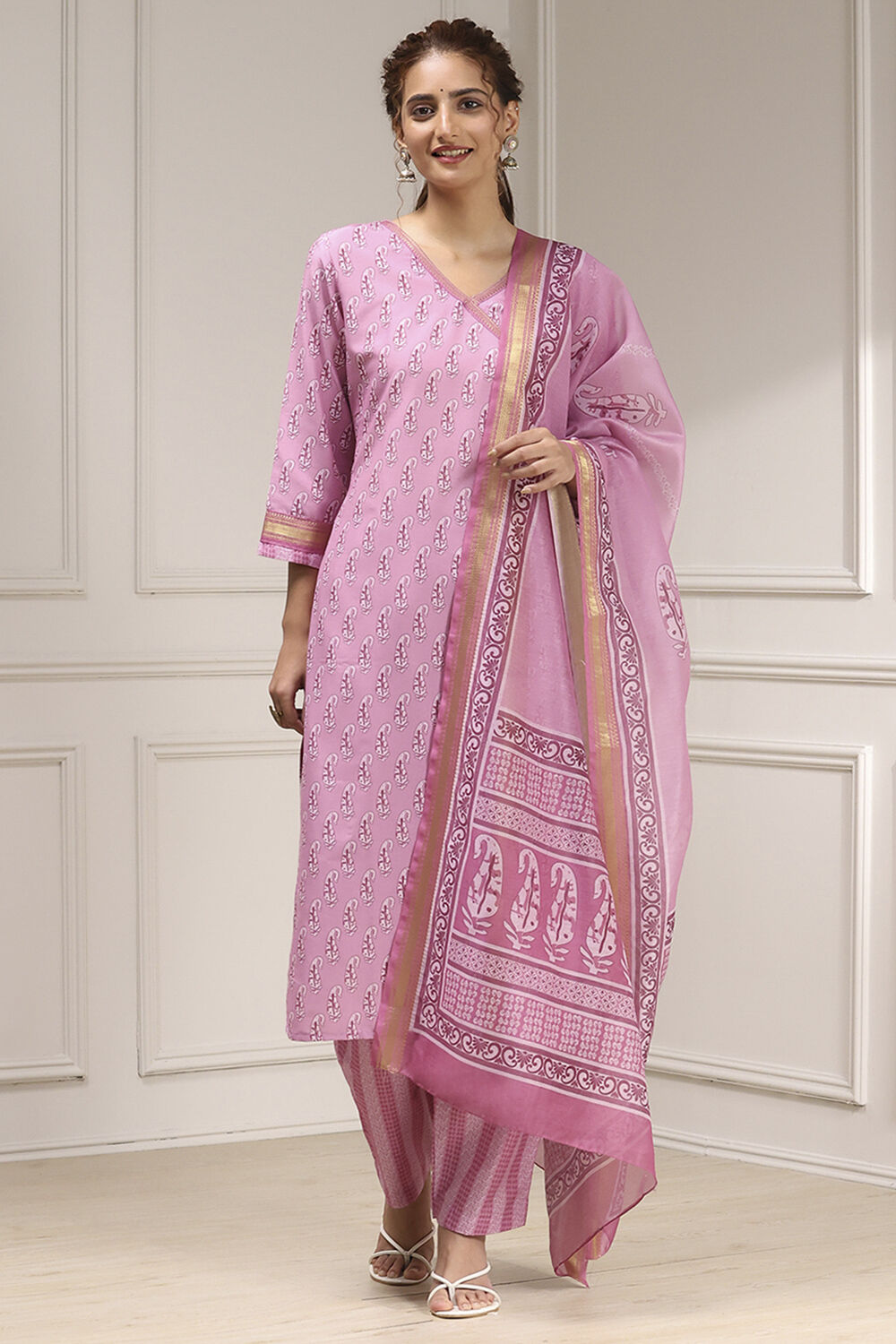 Pink Cotton Modal Digital Print Unstitched Suit Set image number 1