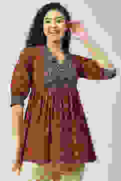 Rust Cotton Flared Printed Short Kurti image number 5