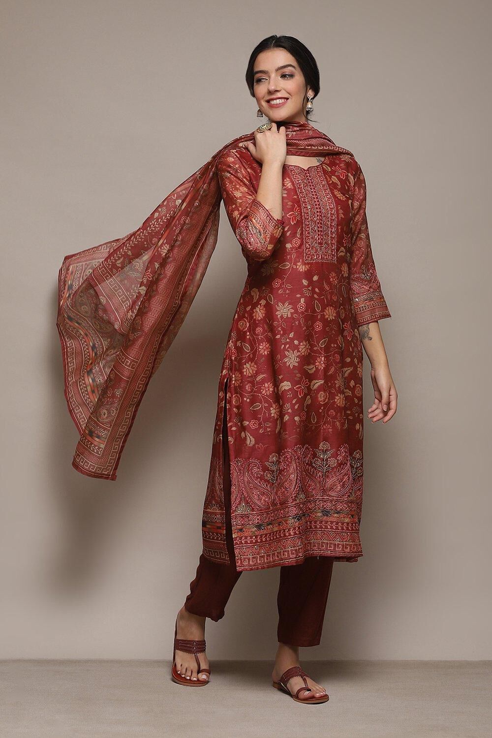 Maroon Chanderi Unstitched Suit Set image number 8