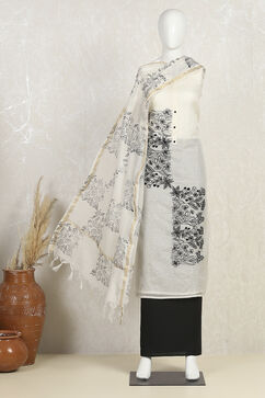 Off White Cotton Machine Embroidered Unstitched Suit Set image number 4