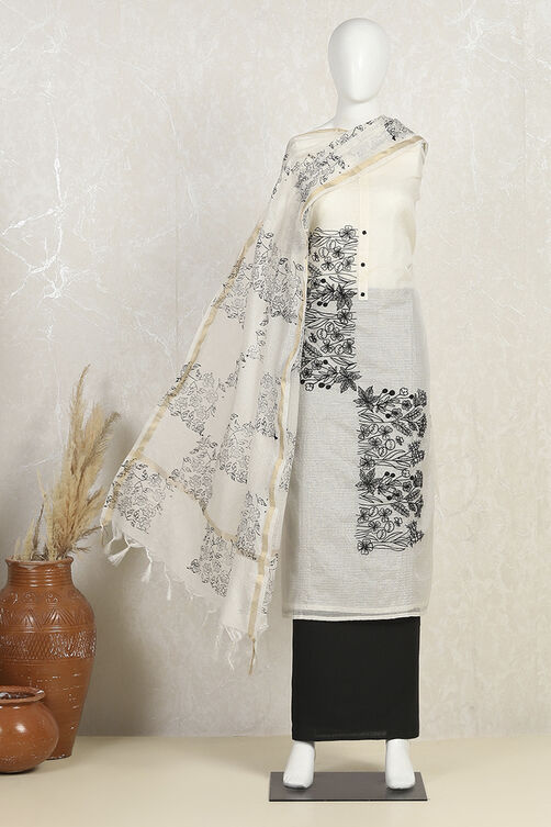 Off White Cotton Machine Embroidered Unstitched Suit Set image number 4